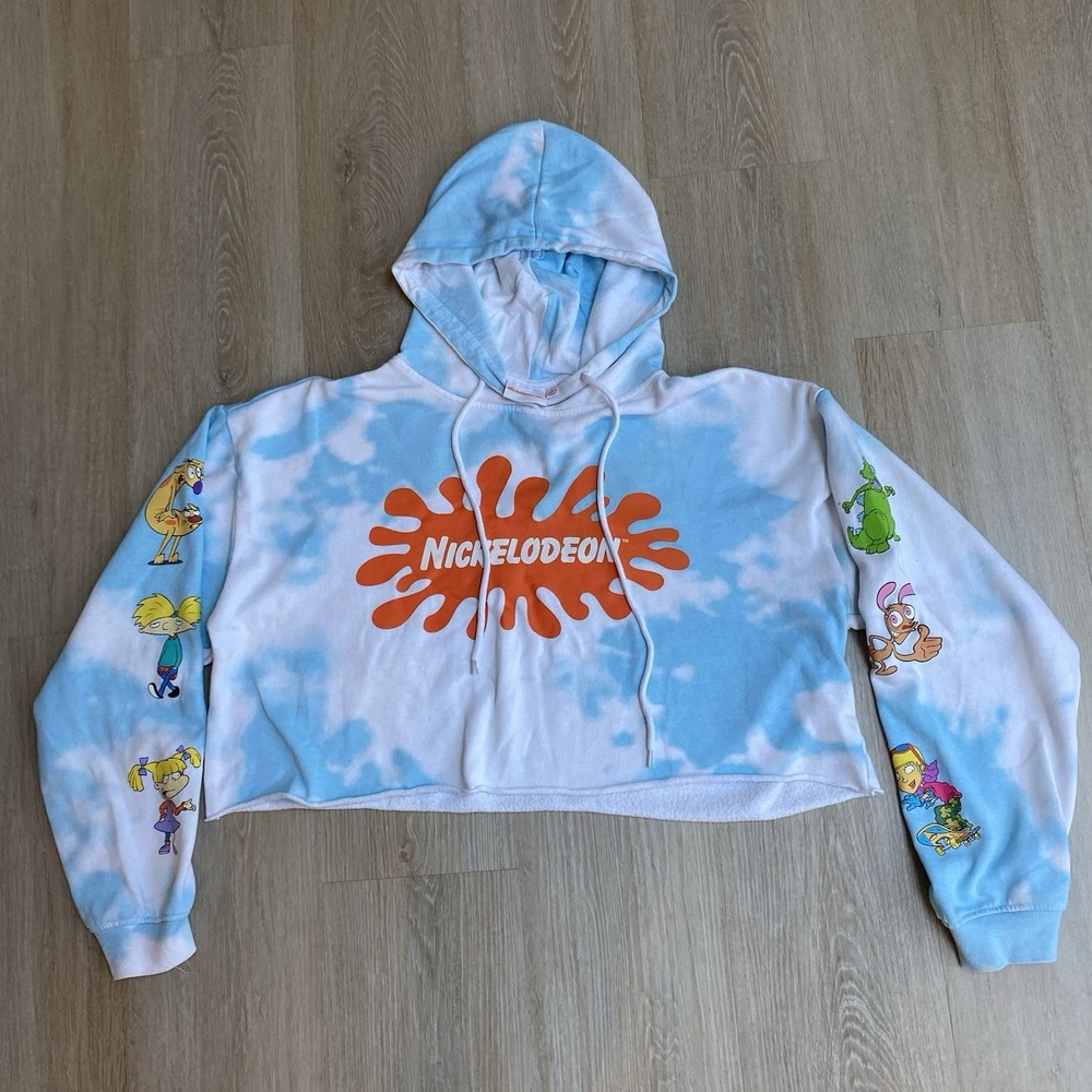 Nickelodeon 90s cartoon characters Tie Dye Girls Blue Graphic Cropped Hoodie L